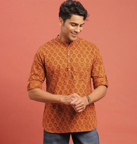 Men Mustard Orange & Green Bagru Printed Sustainable Straight Kurta with Roll-Up Sleeves